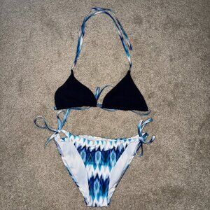 NWOT Blue Ikat & Crochet Triangle Bikini Set Size Small - Boho Swimwear NEW